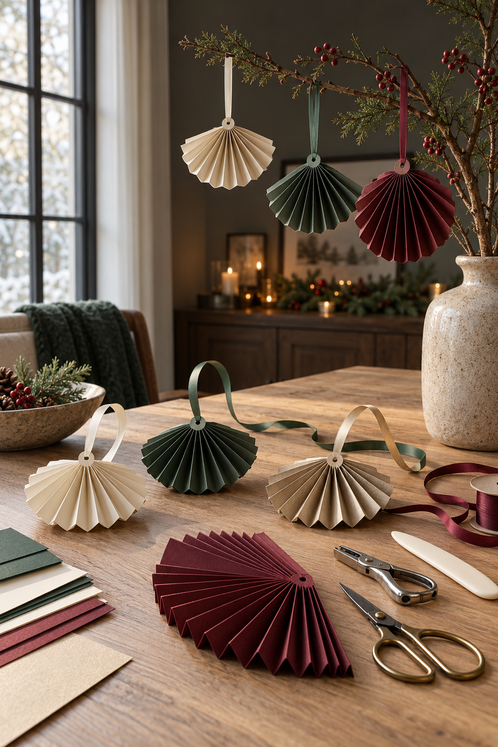Pleated paper fan ornaments in ivory, green and burgundy on a table and hanging from a branch.