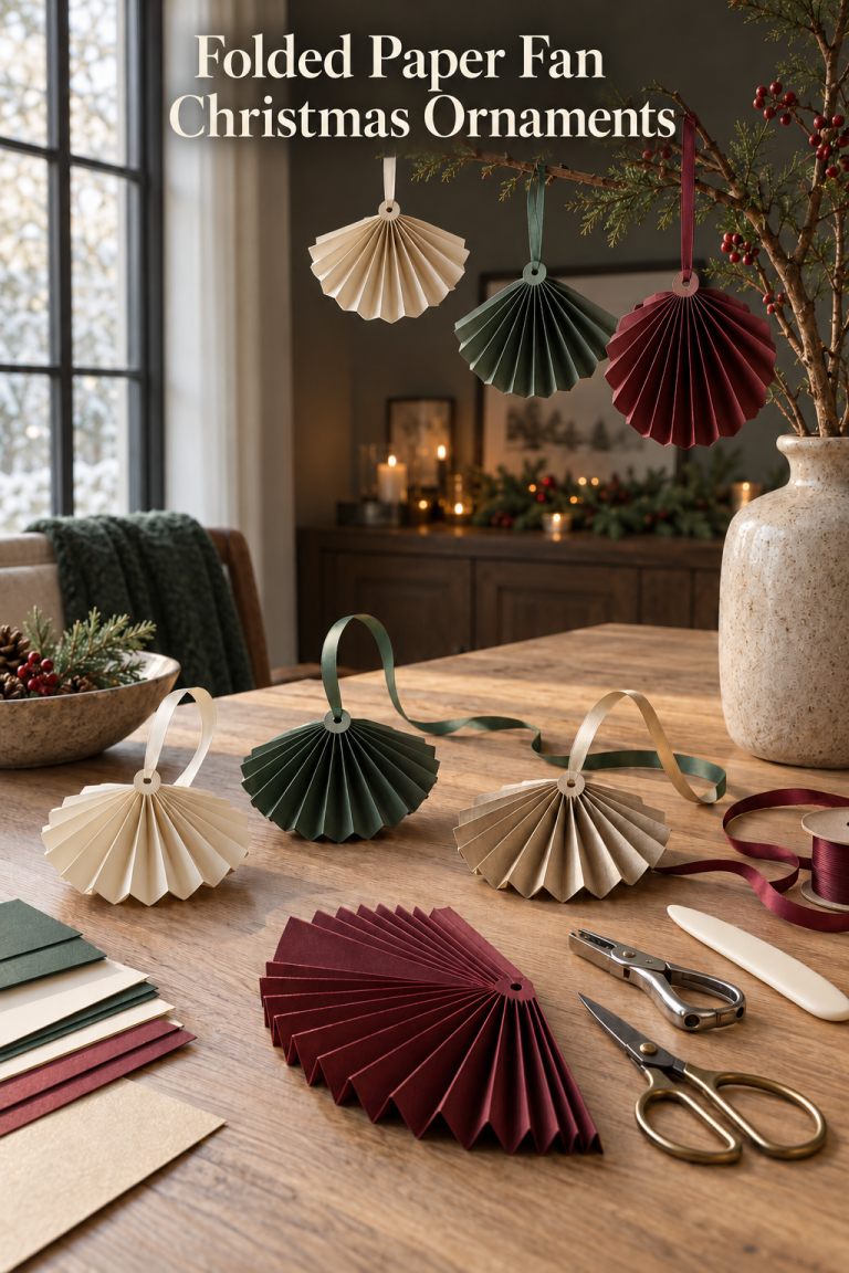 Pleated paper fan ornaments in ivory, green and burgundy on a table and hanging from a branch.