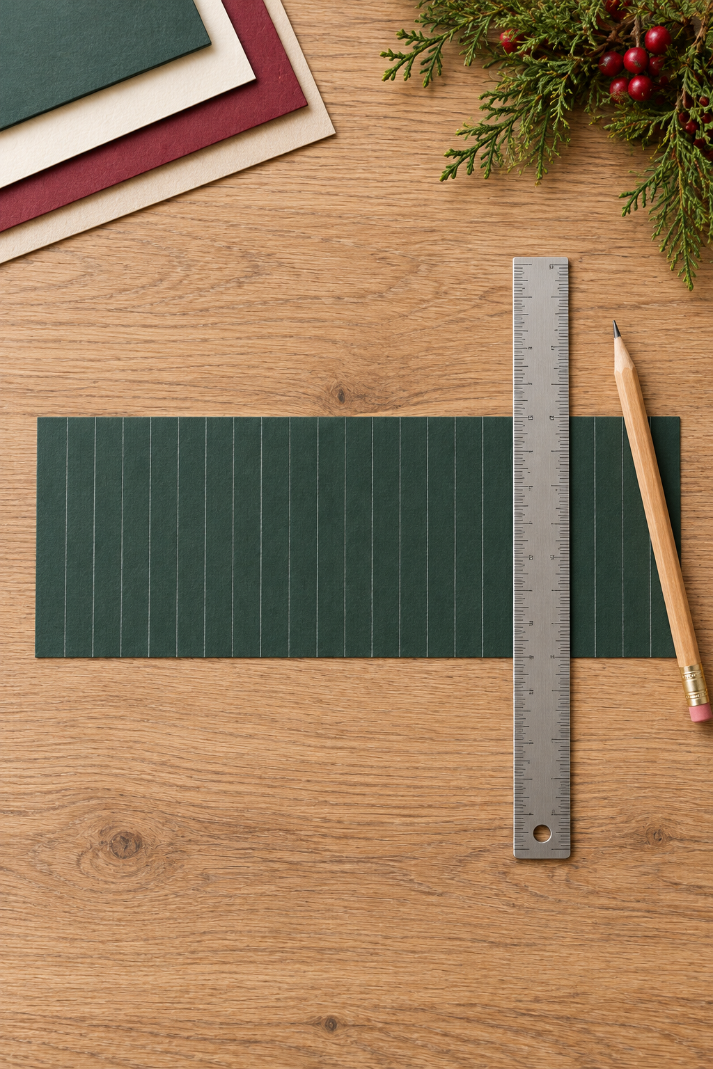 Straight ruler and pencil beside evenly spaced guide lines on green craft paper.