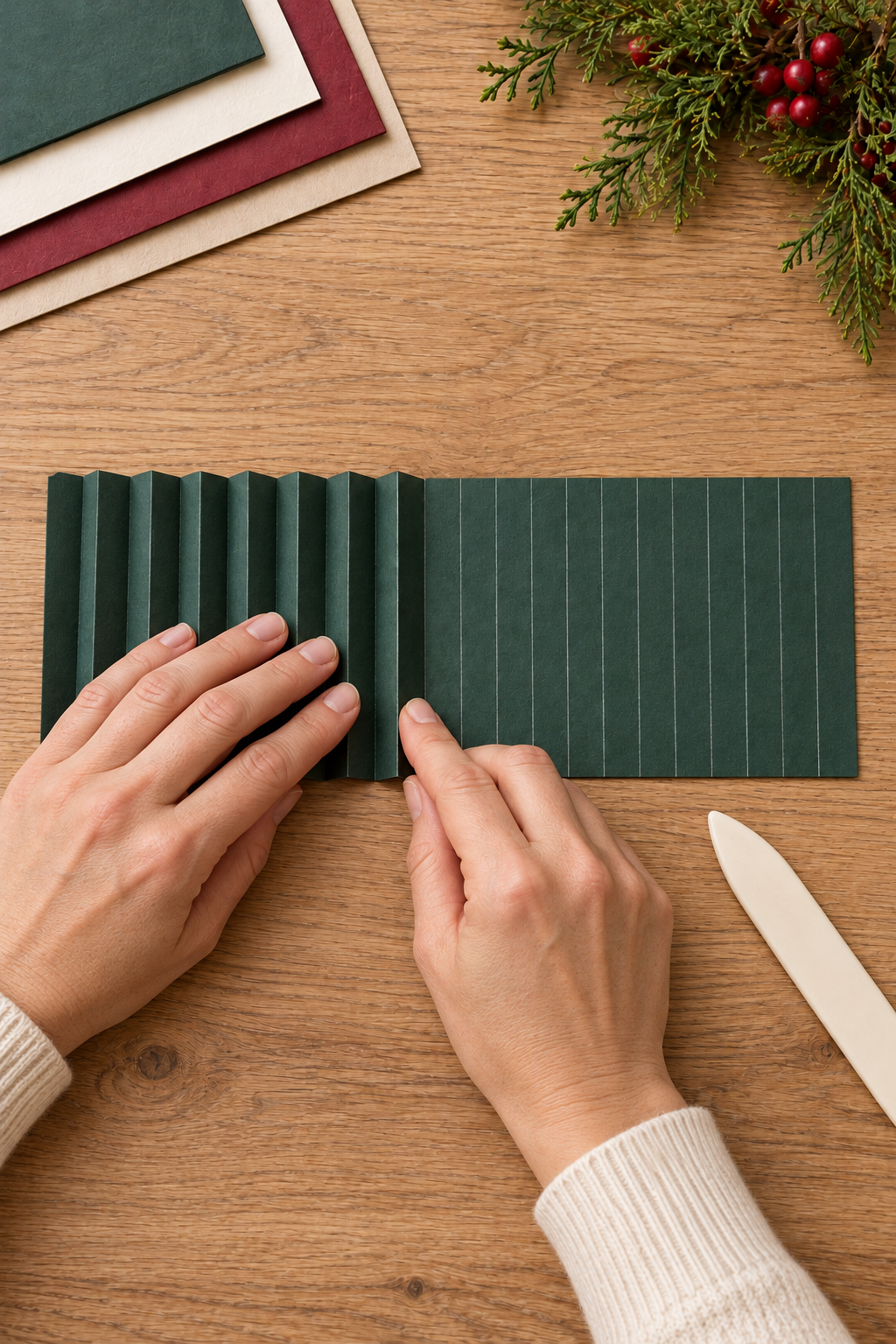 Hands accordion-folding green paper along parallel lines beside a bone folder.