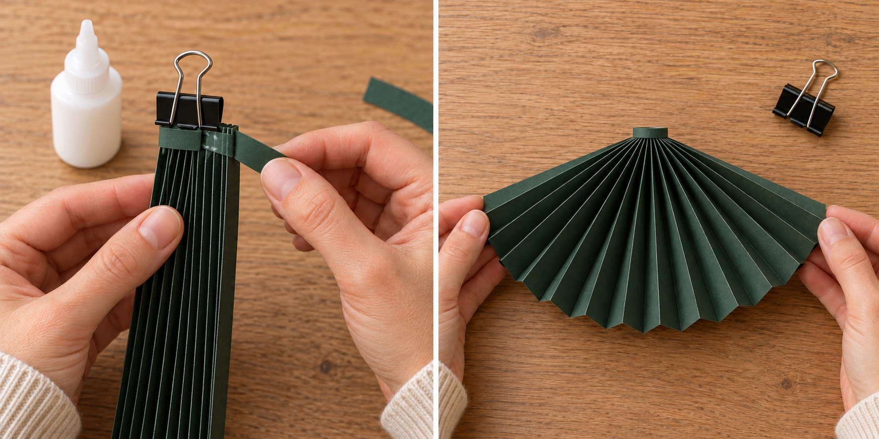 Gluing and clipping a narrow paper collar, then spreading the green pleats into a fan.