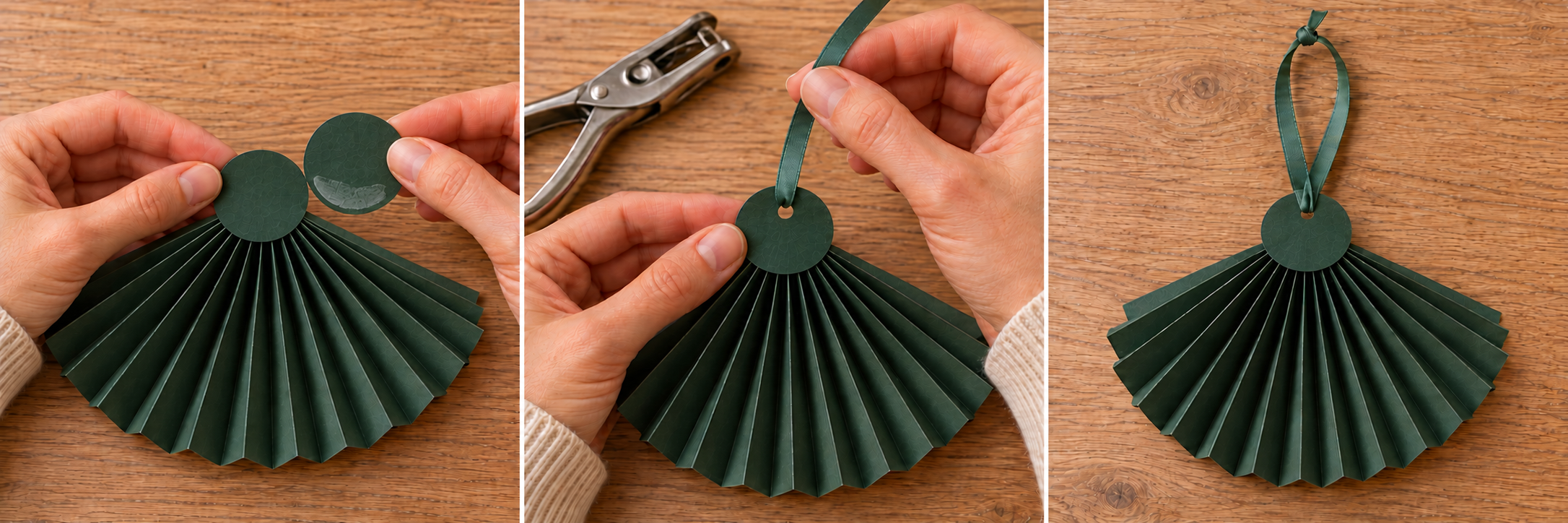 Attaching green paper circles, threading ribbon through the hole, and finishing the loop.