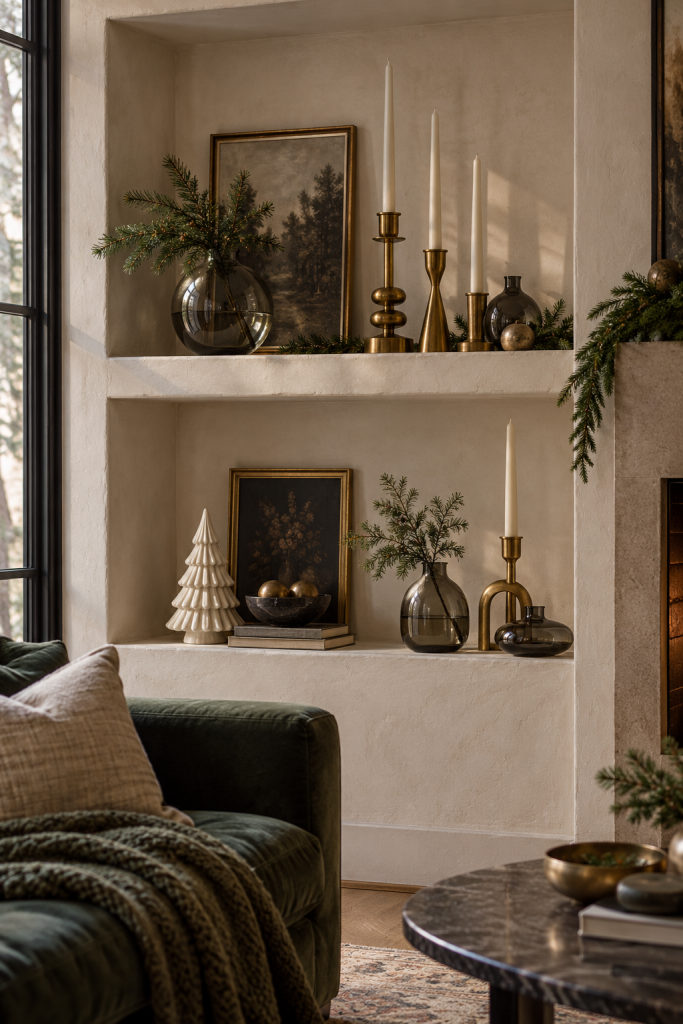 Two plaster shelves with brass candlesticks, smoked glass vases, greenery and a ceramic tree.