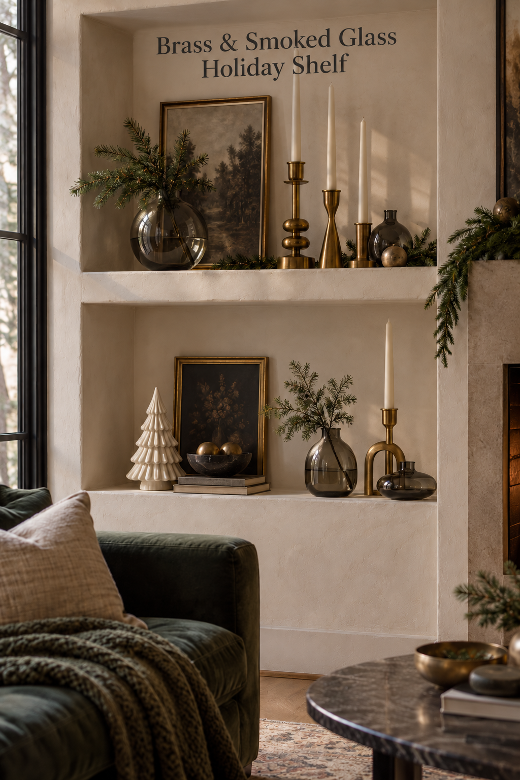 Two plaster shelves with brass candlesticks, smoked glass vases, greenery and a ceramic tree.