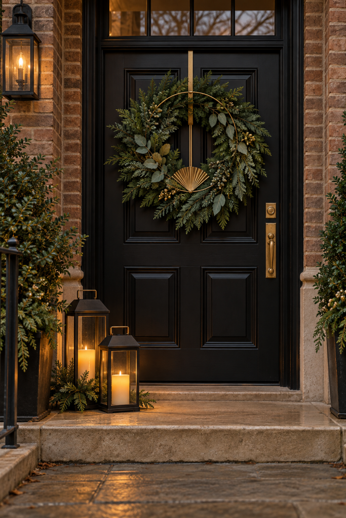 Evergreen wreath with a brass fan accent on a black door above two glowing lanterns.