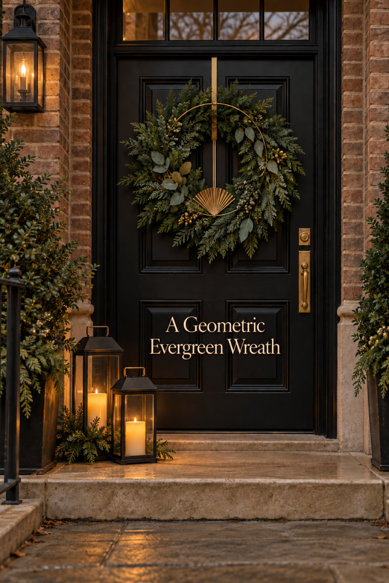 Evergreen wreath with a brass fan accent on a black door above two glowing lanterns.