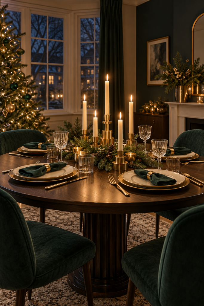 Round Christmas table with brass candleholders, evergreen and emerald napkins.
