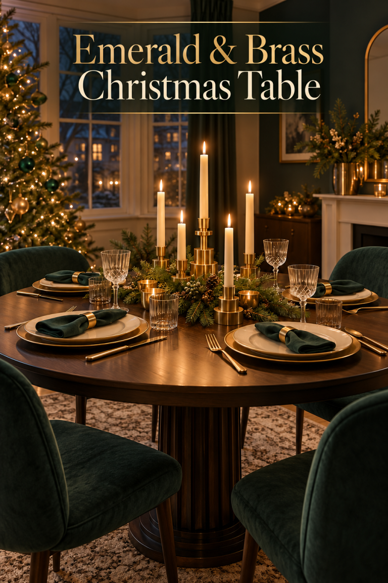 Round Christmas table with brass candleholders, evergreen and emerald napkins.