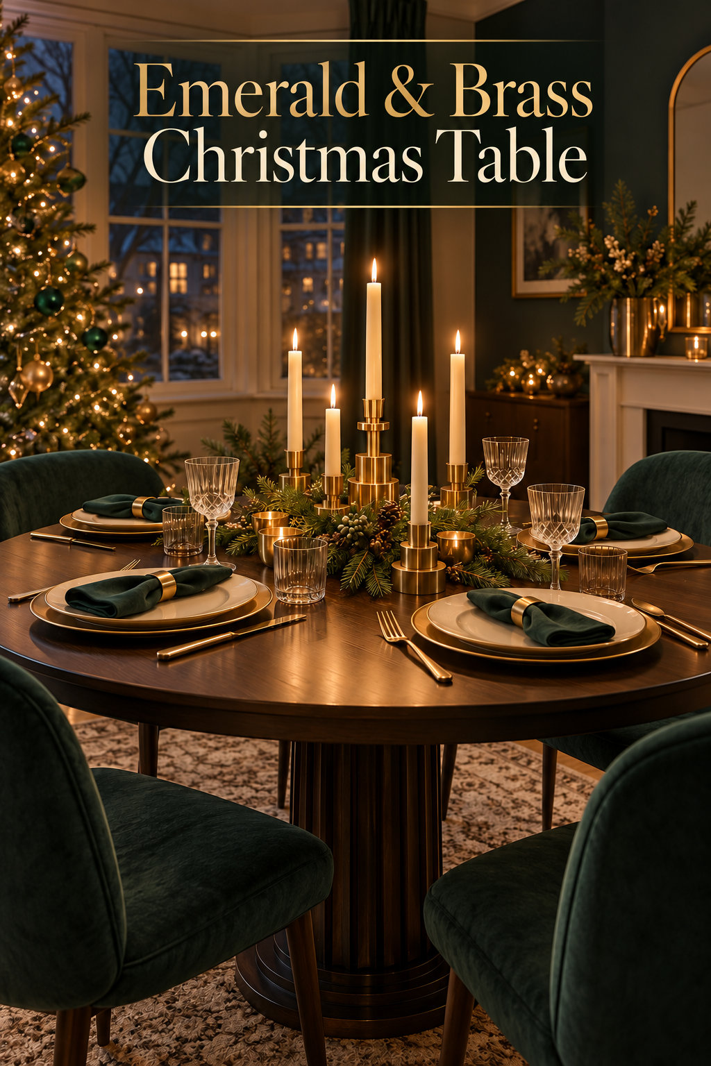 Round Christmas table with brass candleholders, evergreen and emerald napkins.