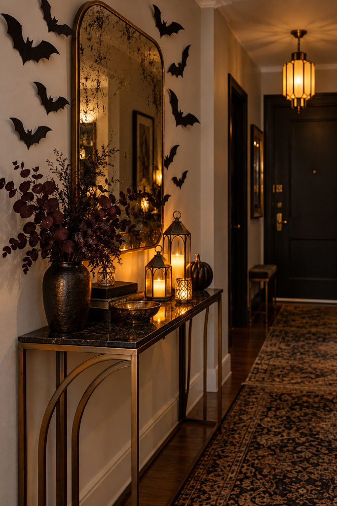 Halloween entry console with antiqued mirror, black bats and glowing lanterns.