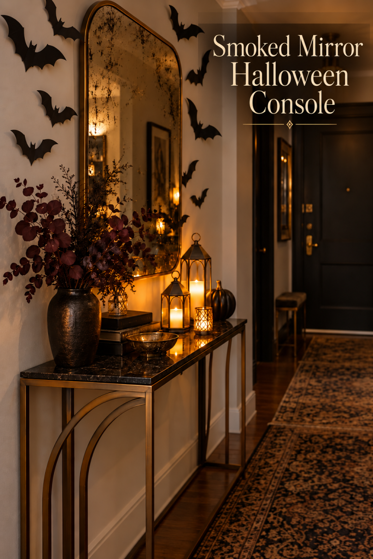 Halloween entry console with antiqued mirror, black bats and glowing lanterns.