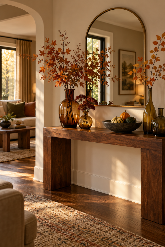 Autumn console with amber glass vases, leafy branches and an arched mirror.