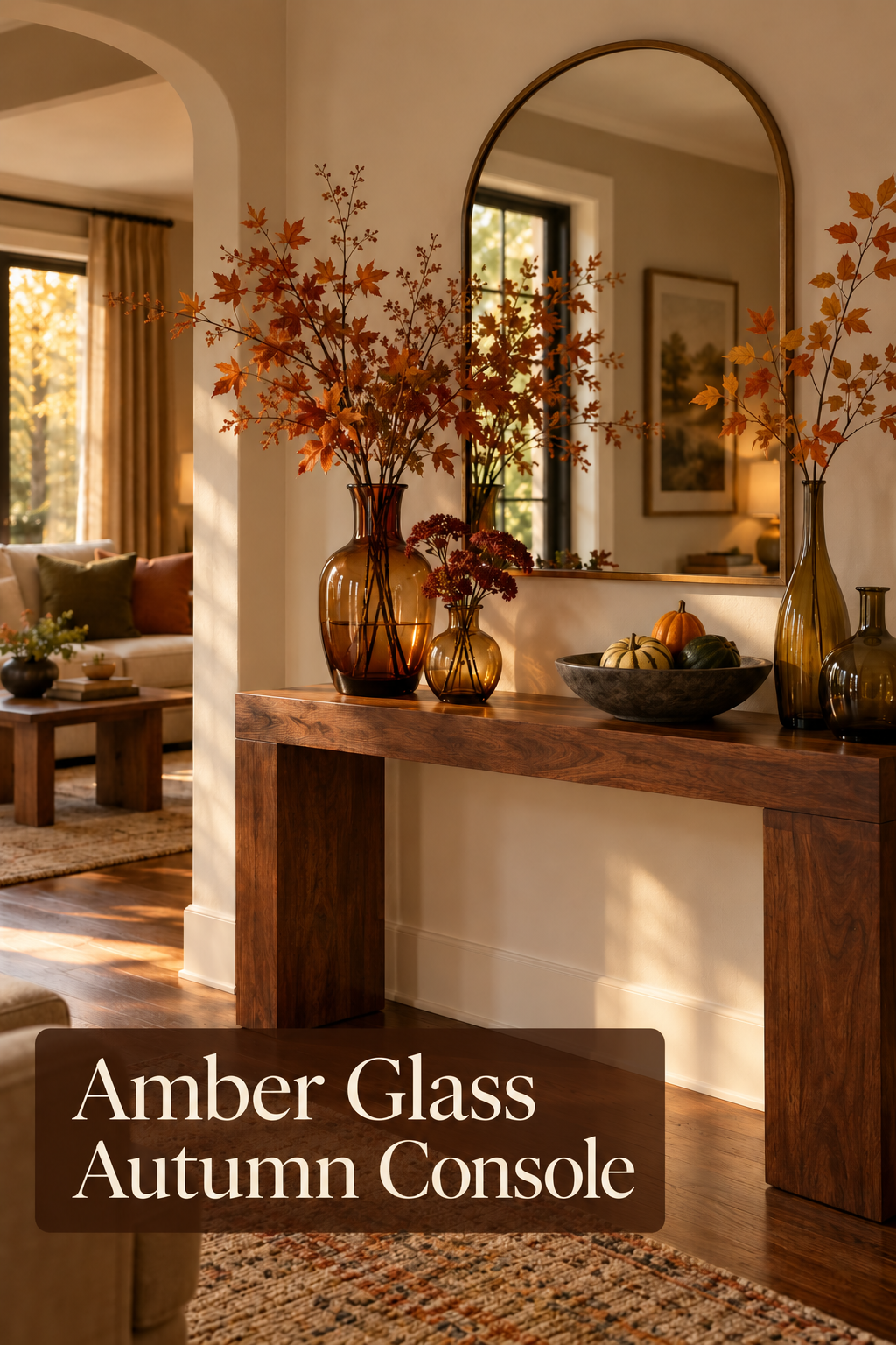 Autumn console with amber glass vases, leafy branches and an arched mirror.