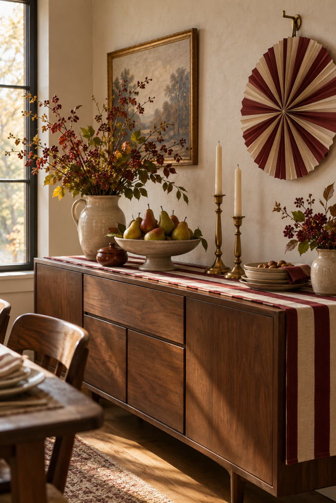Striped Thanksgiving sideboard with pears, autumn branches and brass candleholders.