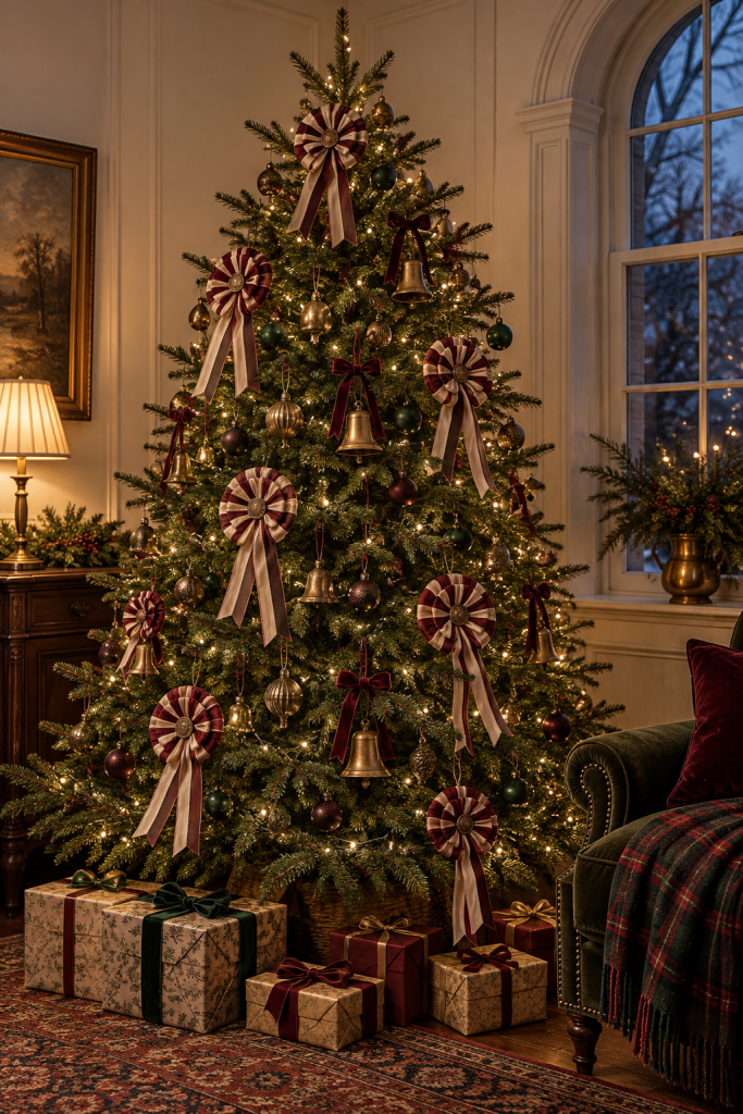 Lit Christmas tree with striped ribbon rosettes, brass bells and wrapped gifts.