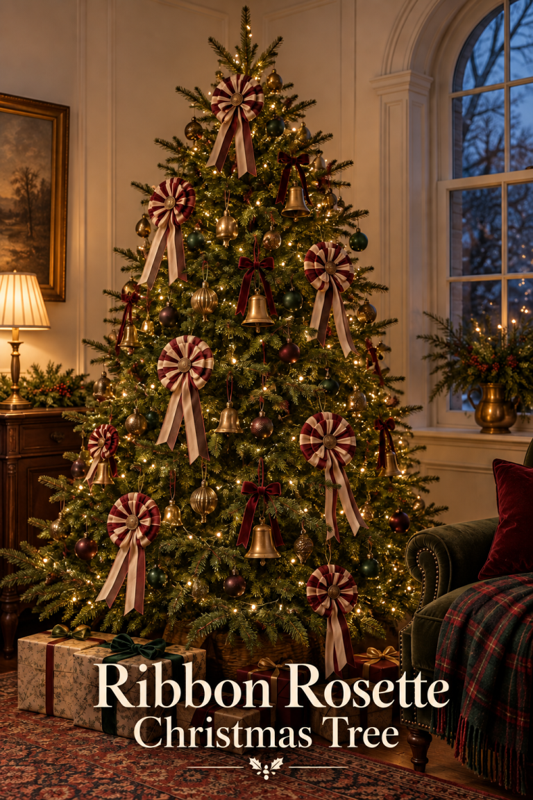 Lit Christmas tree with striped ribbon rosettes, brass bells and wrapped gifts.