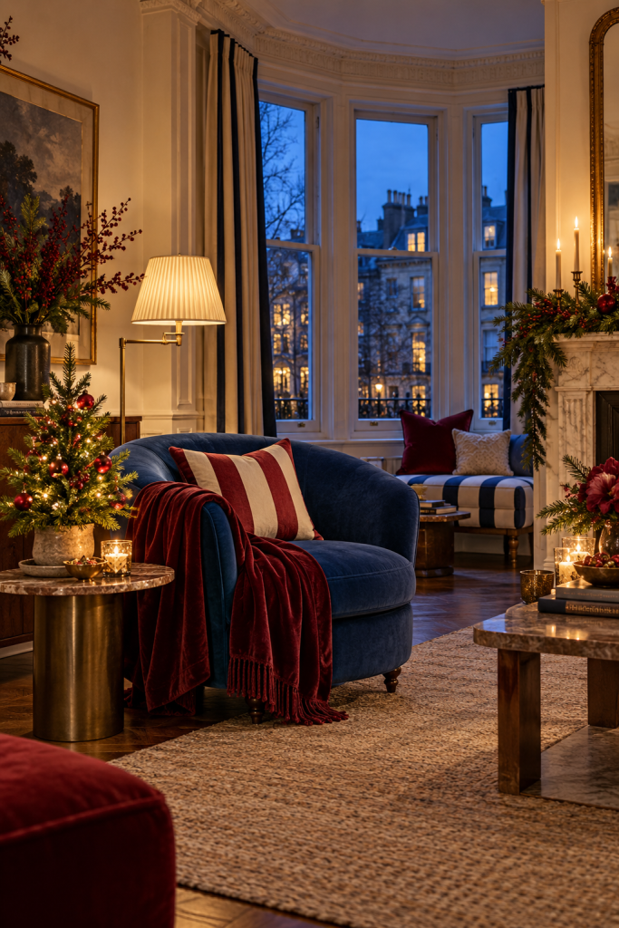 Blue curved chair with striped cushion and red throw beside a small Christmas tree.