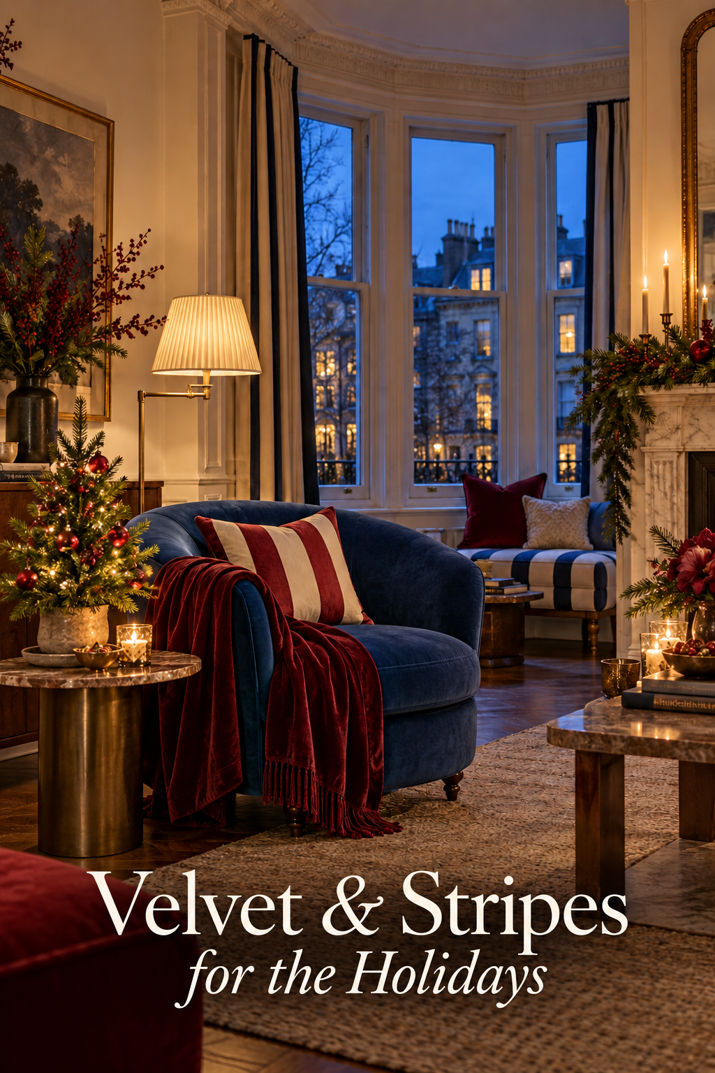 Blue curved chair with striped cushion and red throw beside a small Christmas tree.