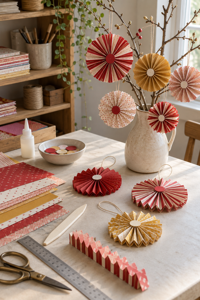Pleated red, cream and ochre paper rosettes hang from branches above a craft table.