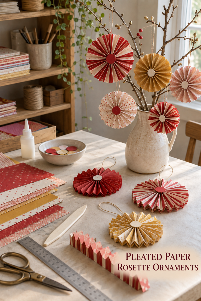 Pleated red, cream and ochre paper rosettes hang from branches above a craft table.