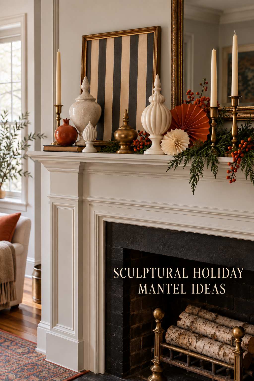 Striped framed art behind pale finials, brass tapers and paper fans on a holiday mantel.