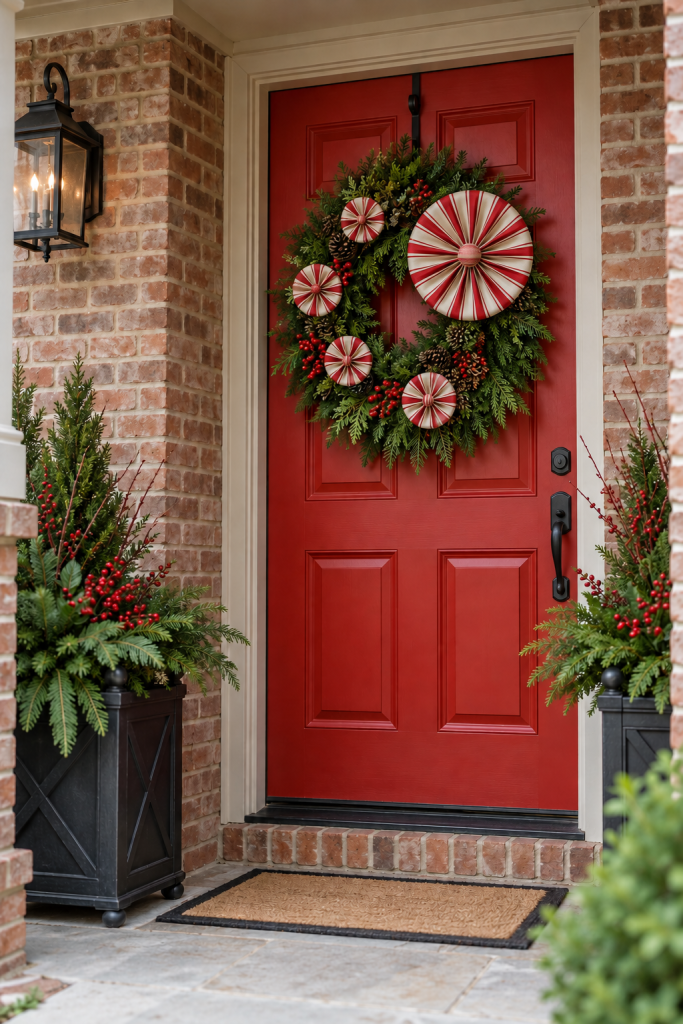 Striped circular rosettes decorate an evergreen wreath on a red door flanked by planters.