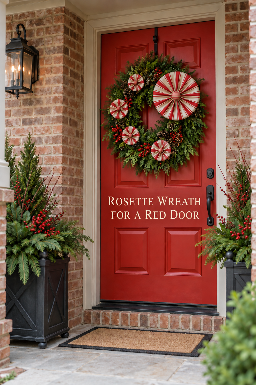 Striped circular rosettes decorate an evergreen wreath on a red door flanked by planters.
