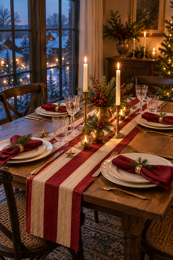 Christmas table with a red striped runner, brass stars, candles and red napkins by a window.