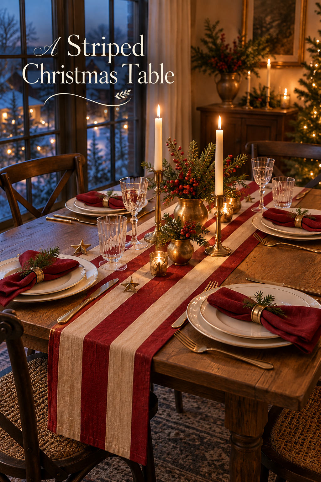 Christmas table with a red striped runner, brass stars, candles and red napkins by a window.