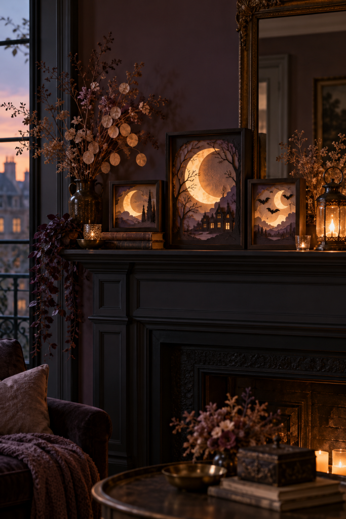 Dark Halloween mantel with three glowing framed moon and bat scenes and an amber lantern.