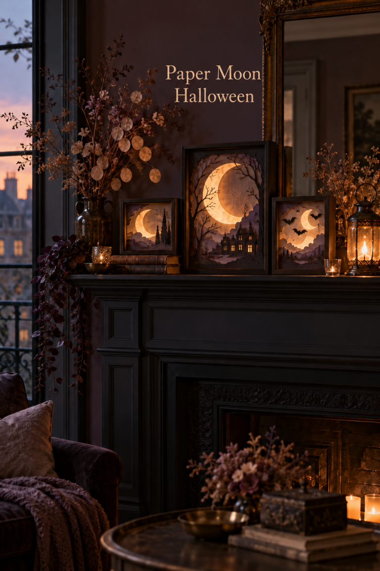 Dark Halloween mantel with three glowing framed moon and bat scenes and an amber lantern.