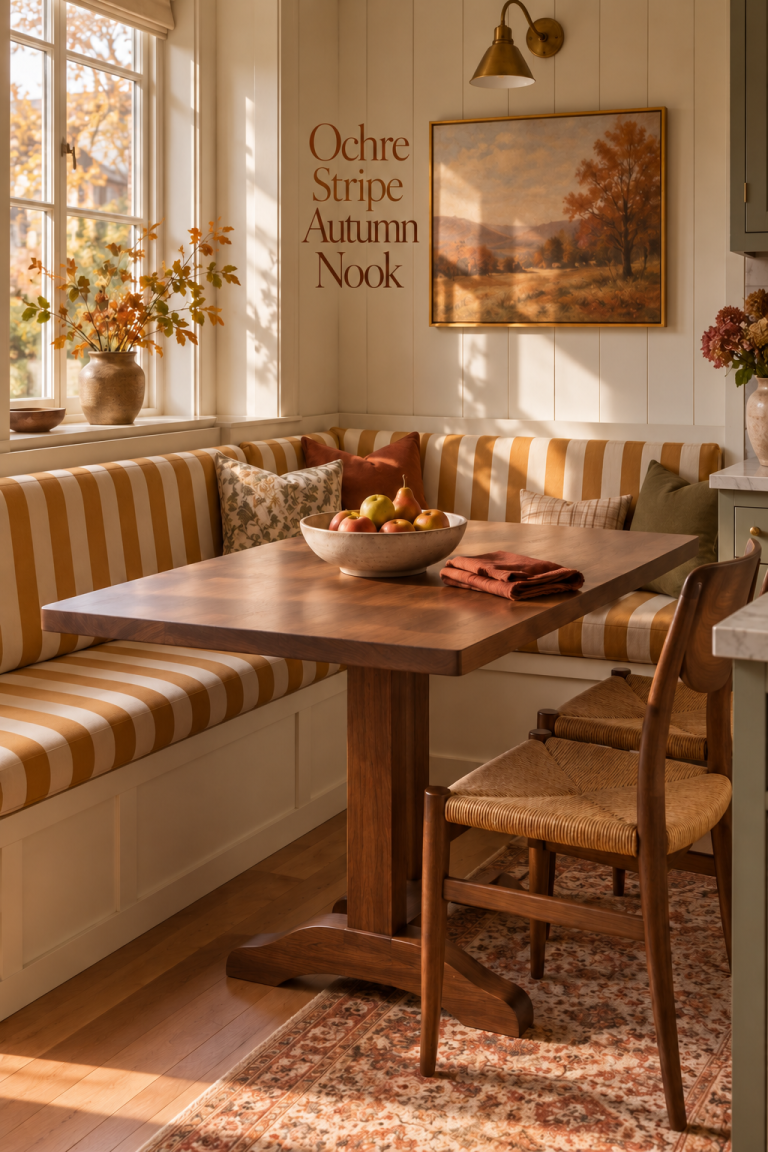 Sunny breakfast nook with ochre-striped banquette, wooden table and a bowl of autumn fruit.