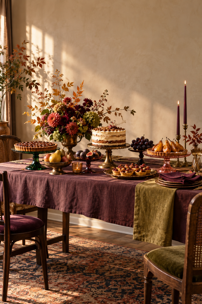 Thanksgiving dessert table with plum linen, mixed cake stands, pears and autumn flowers.