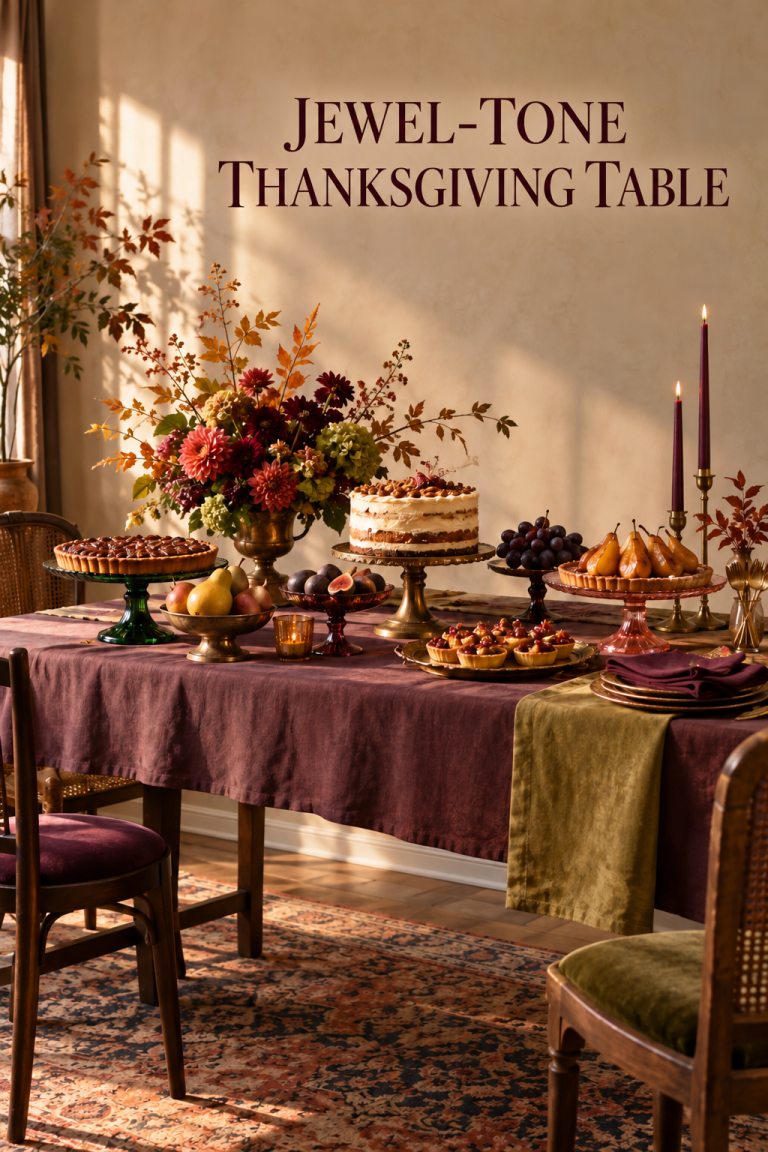 Thanksgiving dessert table with plum linen, mixed cake stands, pears and autumn flowers.