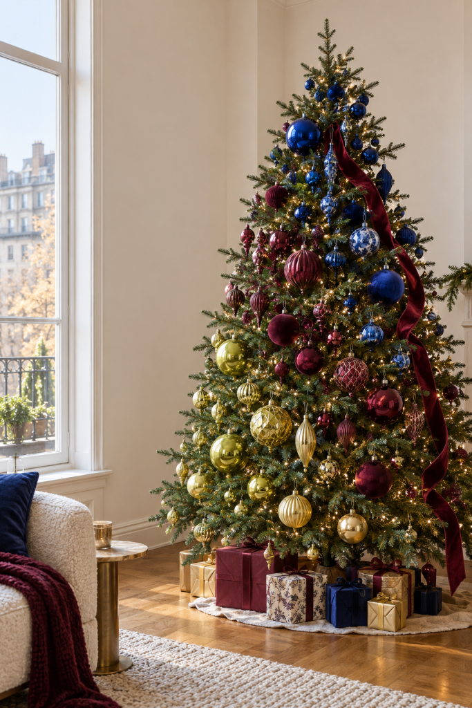 Christmas tree by a tall window with blue, burgundy and gold ornaments and a long ribbon.