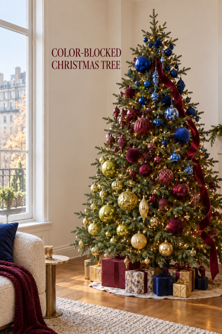 Christmas tree by a tall window with blue, burgundy and gold ornaments and a long ribbon.