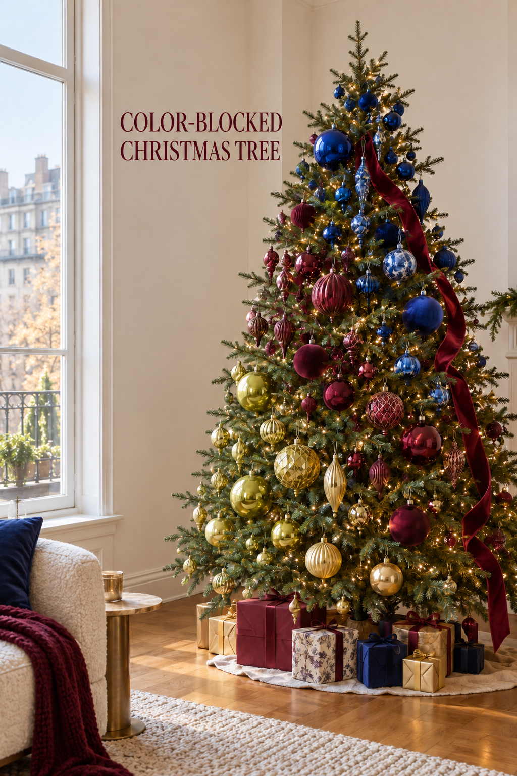 Christmas tree by a tall window with blue, burgundy and gold ornaments and a long ribbon.