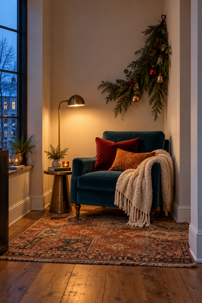 Teal chair with warm cushions and cream throw beneath an evergreen swag in a reading alcove.