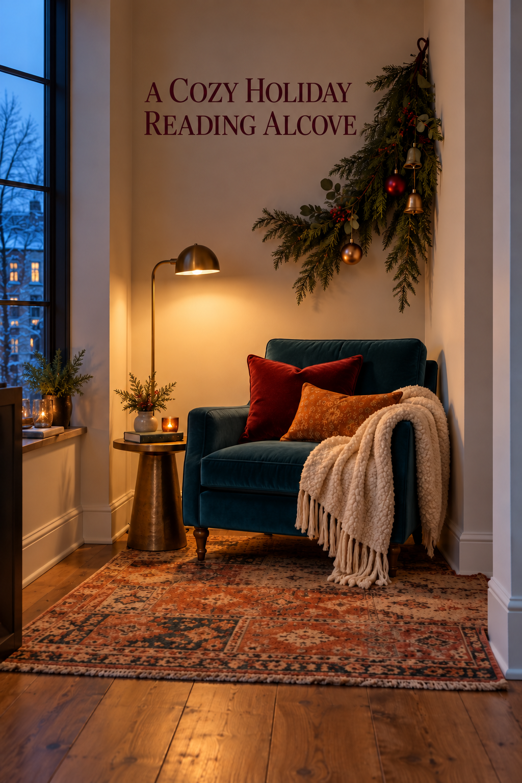 Teal chair with warm cushions and cream throw beneath an evergreen swag in a reading alcove.