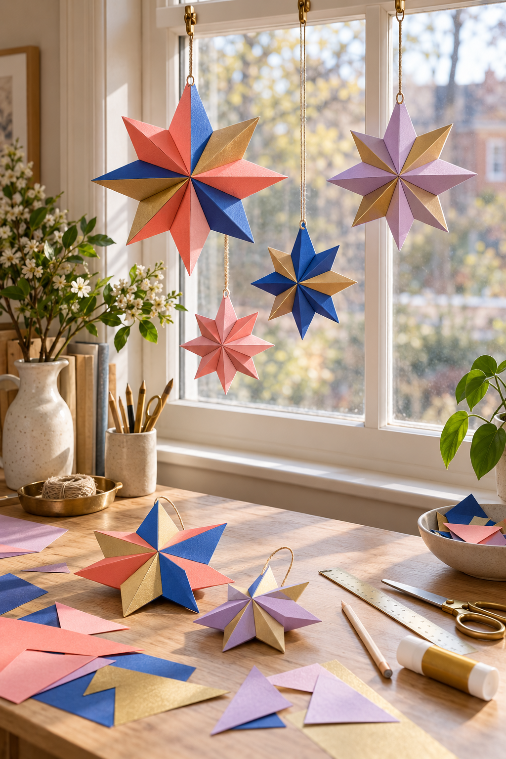 Folded colorful paper stars hang in a sunny window above a craft table with paper and tools.