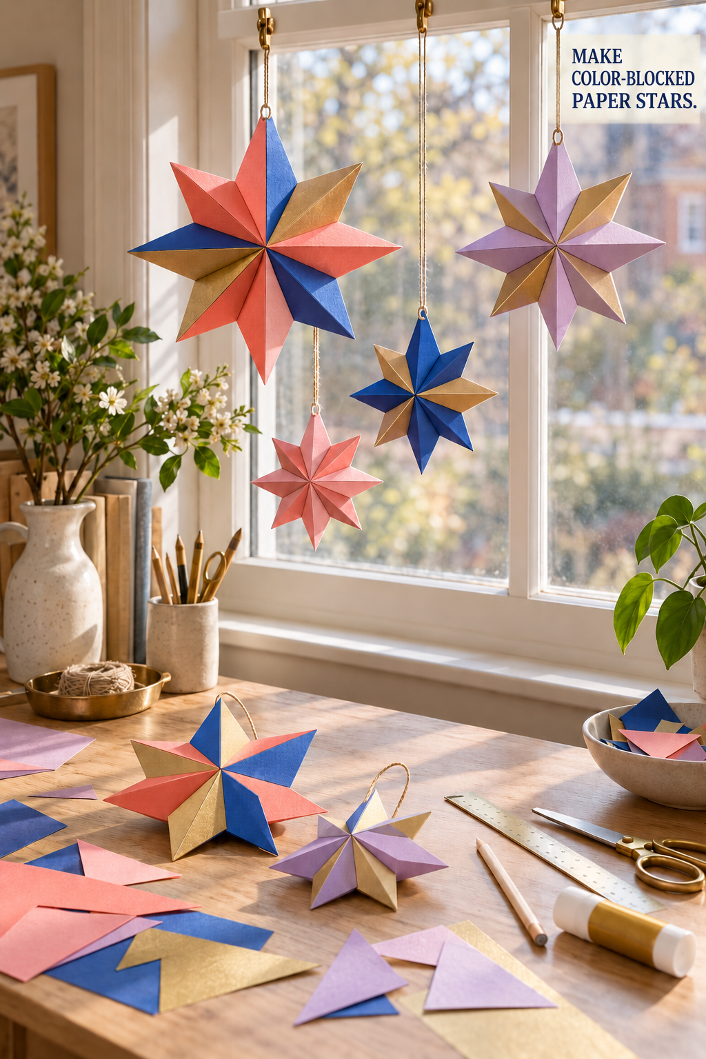 Folded colorful paper stars hang in a sunny window above a craft table with paper and tools.