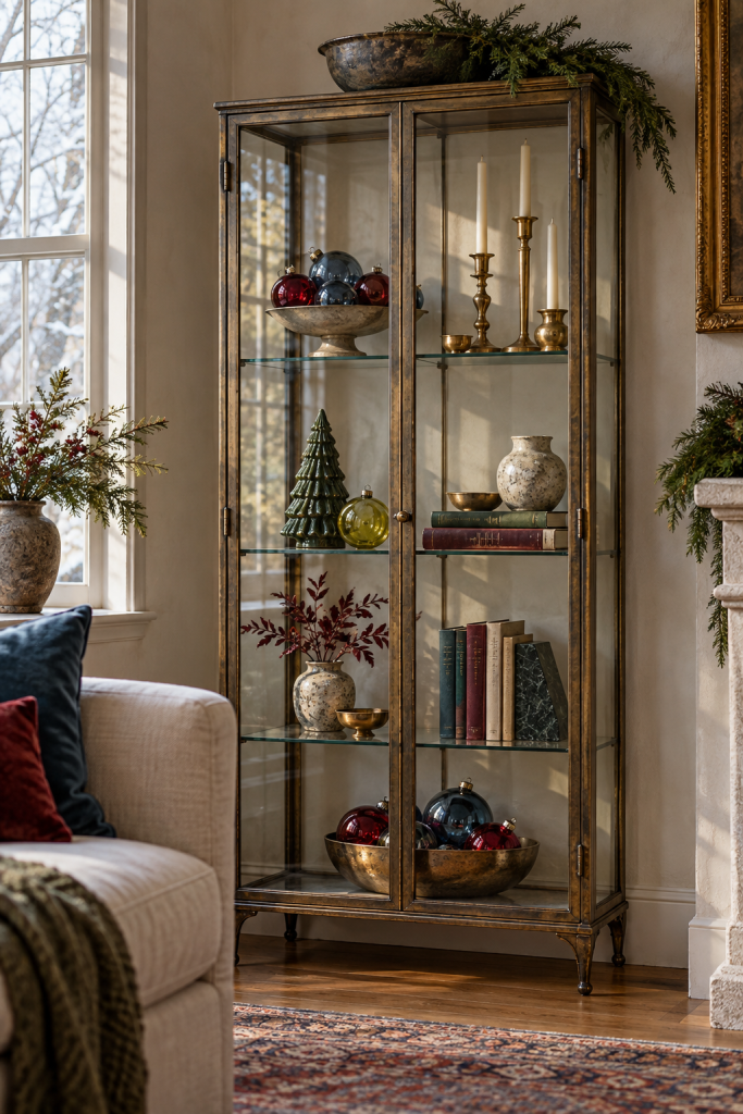Glass-front cabinet with ruby and blue ornaments, brass candleholders and a small green tree.