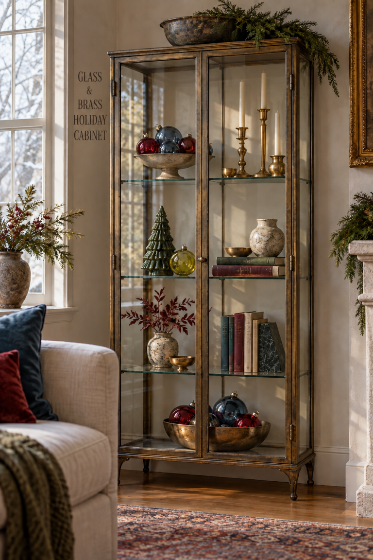 Glass-front cabinet with ruby and blue ornaments, brass candleholders and a small green tree.