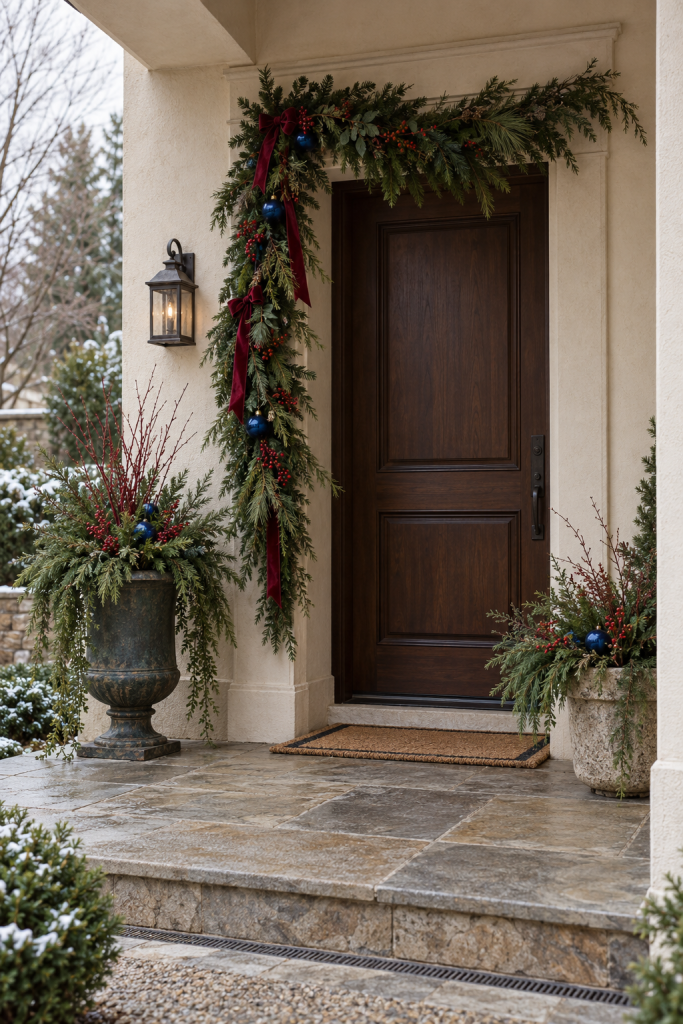 Dark front door framed by one-sided evergreen garland and two mismatched winter planters.