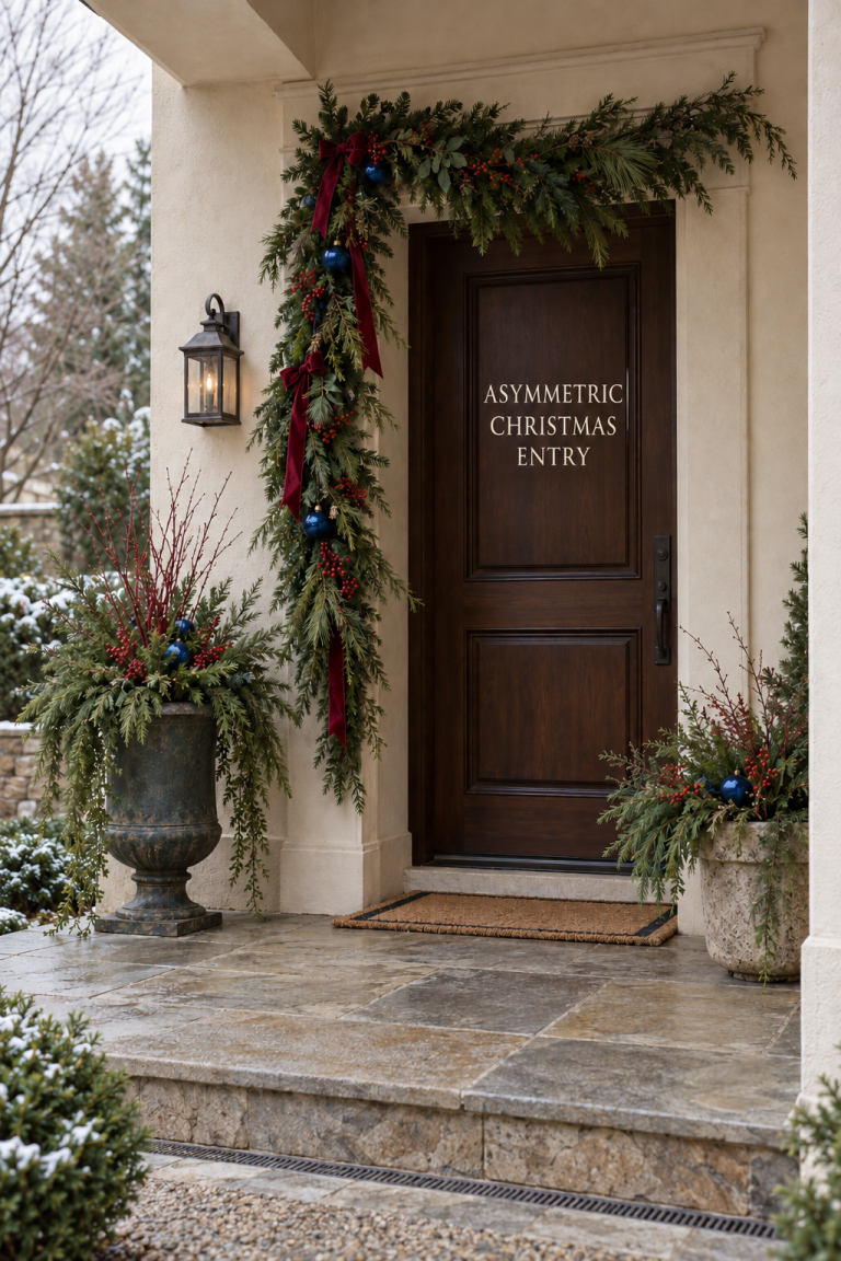 Dark front door framed by one-sided evergreen garland and two mismatched winter planters.