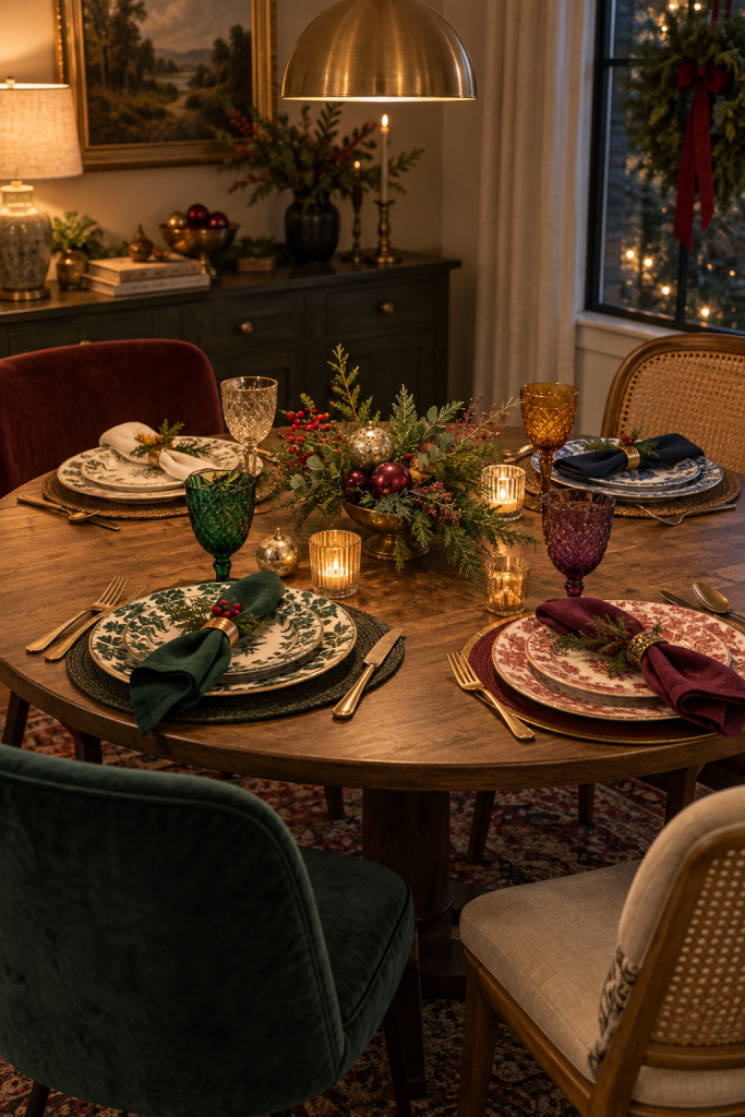 Round Christmas supper table with mixed patterned plates, colored goblets and low greenery.