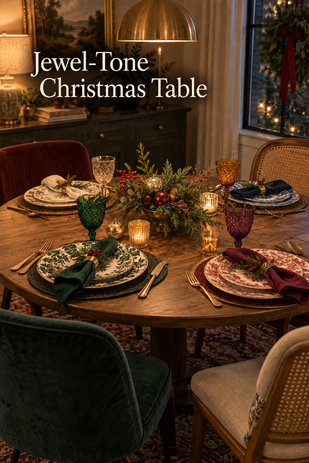 Round Christmas supper table with mixed patterned plates, colored goblets and low greenery.
