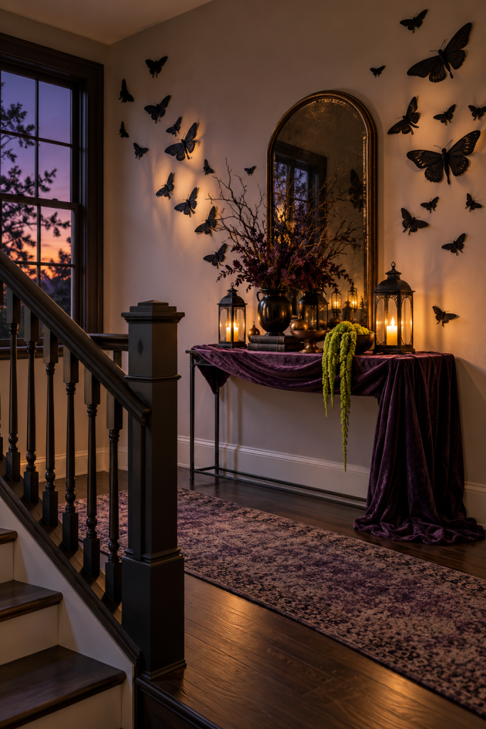 Halloween stair landing with black wall moths, arched mirror, plum drape and lanterns.