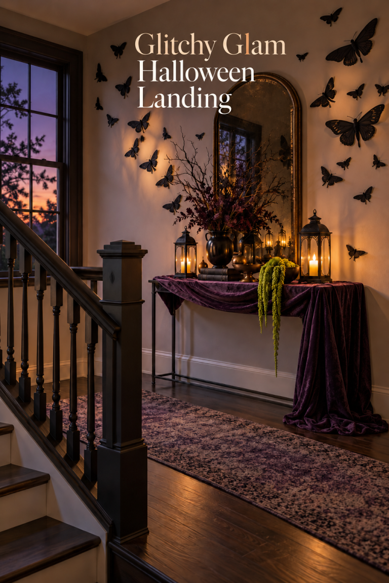 Halloween stair landing with black wall moths, arched mirror, plum drape and lanterns.