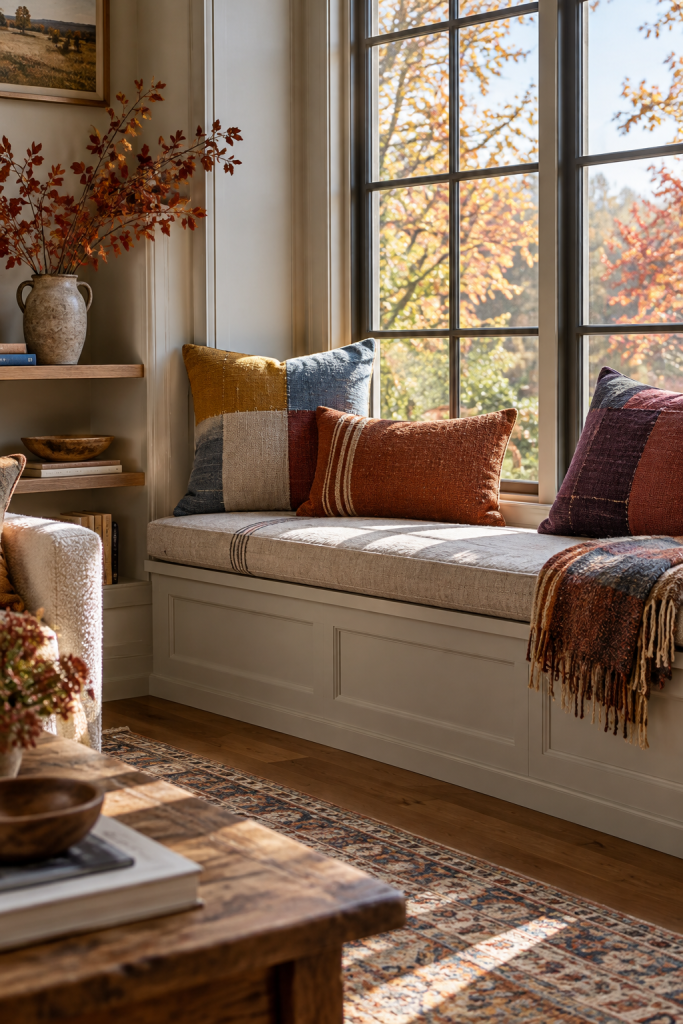 Sunlit autumn window bench with patchwork cushions, a draped throw and leafy branches.